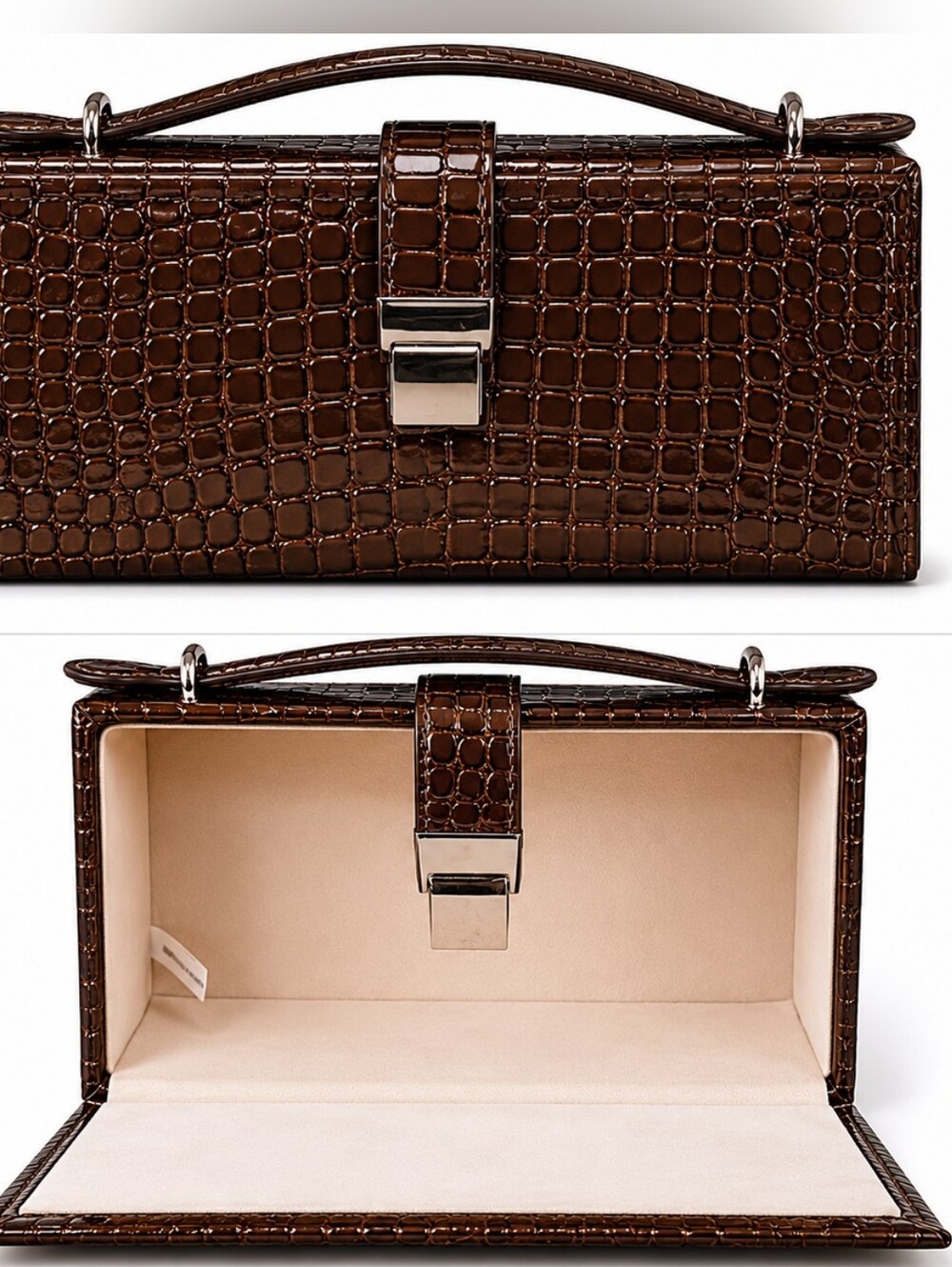 Vintage Brown Croc Embossed Box Clutch Purse Top Handle Evening Bag
